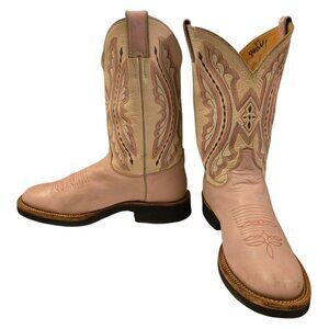 Justin Cowboy Boots Ladies 10 B Pink White Western Cowgirl Two Tone Shoes